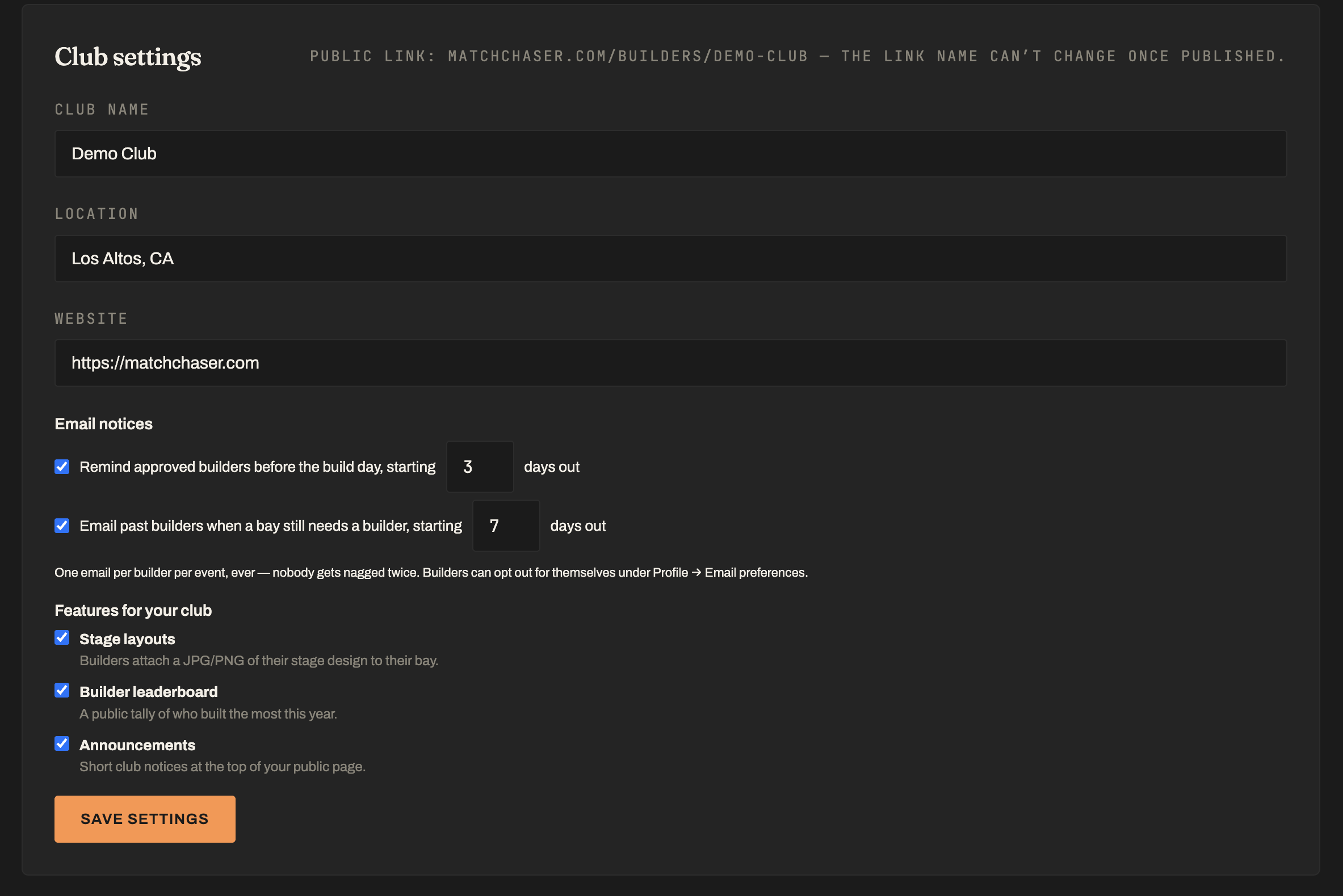 Email notices and club features — MatchChaser Stage Builders