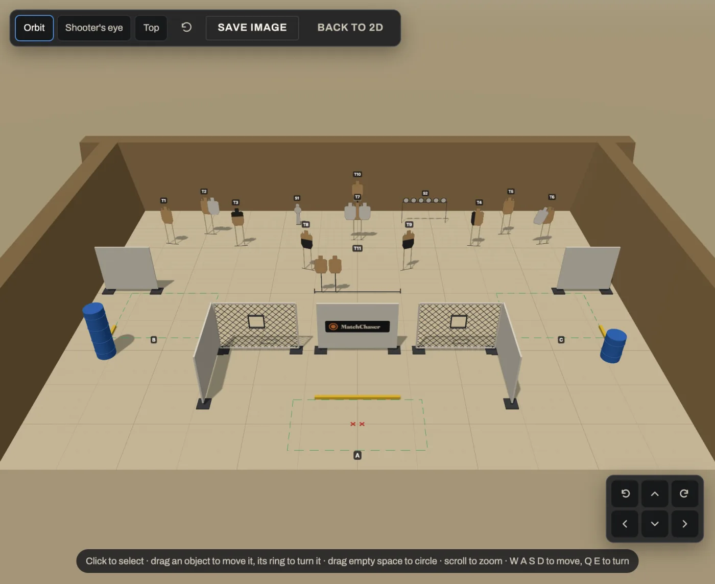 The stage in 3D from above and behind the start position, with walls, targets on stands, steel and barrels