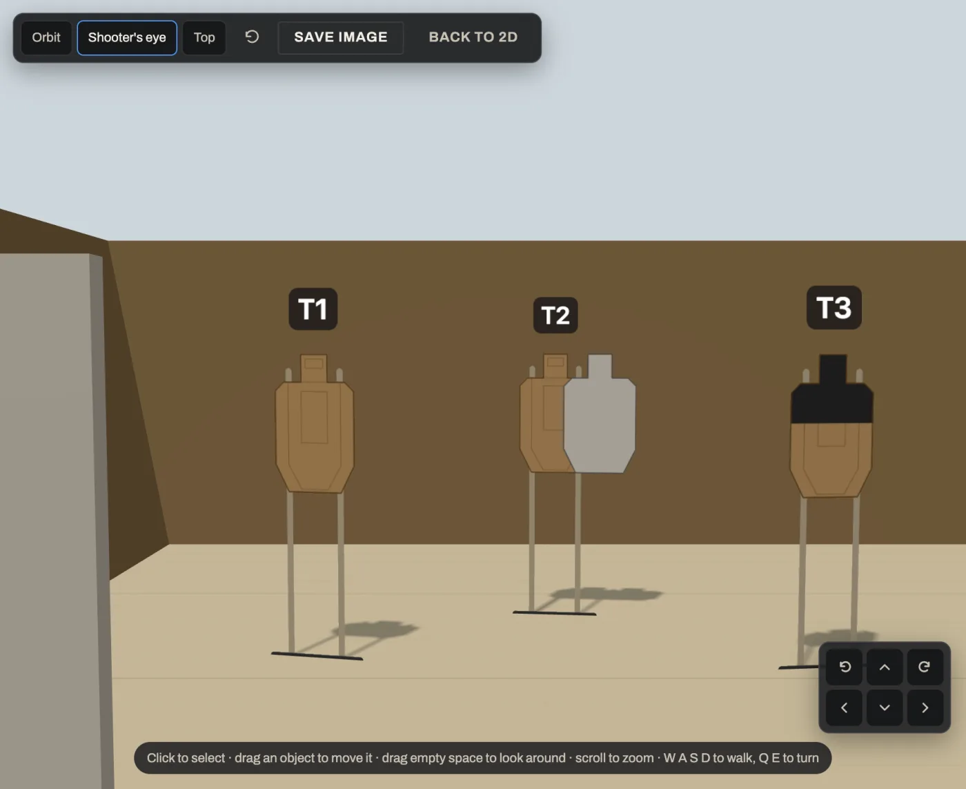 The 3D view at shooter's eye height from shooting area B, looking at three targets, one with hard cover and one with a no-shoot