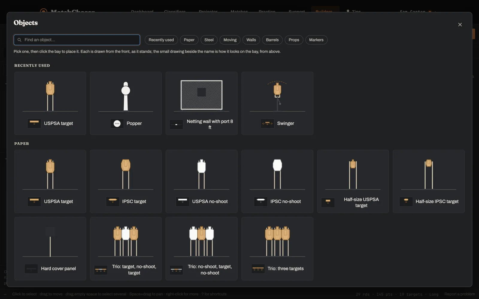The full-screen object browser showing USPSA and IPSC targets, no-shoots, trios, a popper, a netting wall with a port and a swinger