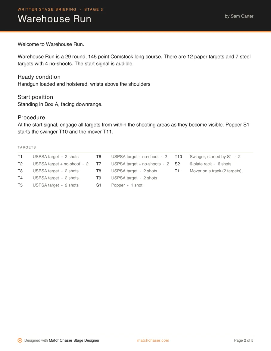 Page 2 of the exported PDF: the written stage briefing and the list of targets with their shots